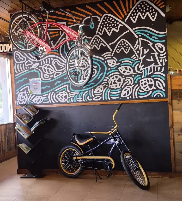 Two cruiser bicycles displayed against a black-and-teal Black Hills mural inside Killian's